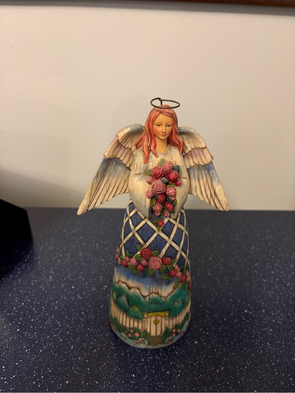 Jim Shore Multicolor Angel Figurine with Pink Roses and Blue Gown